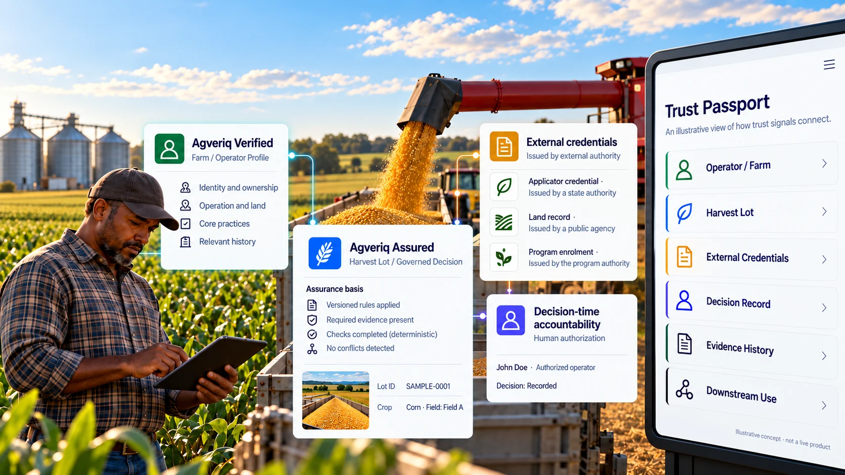 Concept illustration: a farmer uses a tablet in a cornfield beside grain being unloaded, overlaid with sample Trust Passport screens. A design direction, not a live product; no mark is issued today.